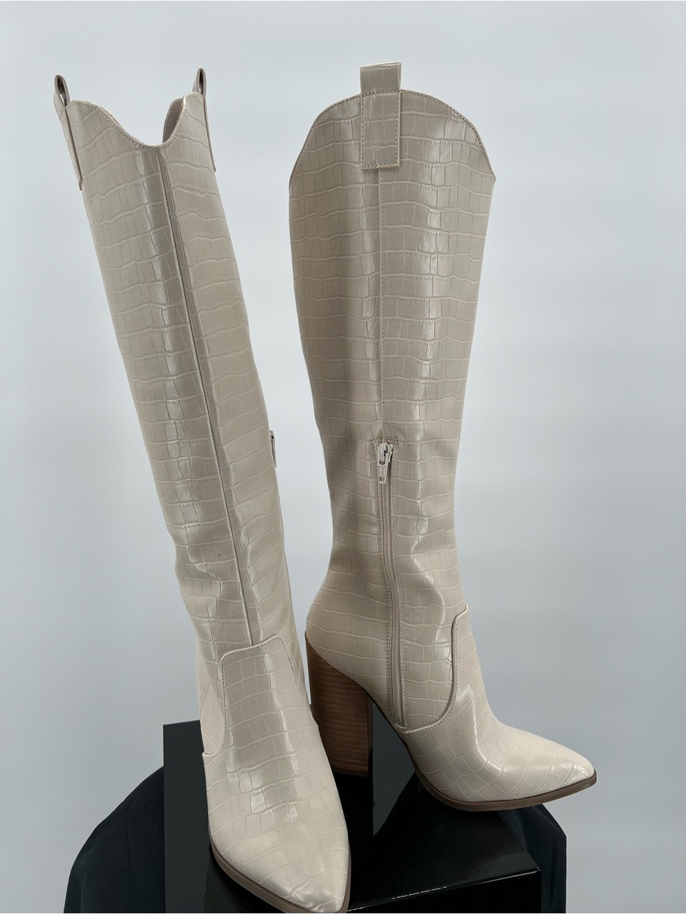 Dolce Vita Croc-Embossed Knee-High Boots in Off-White